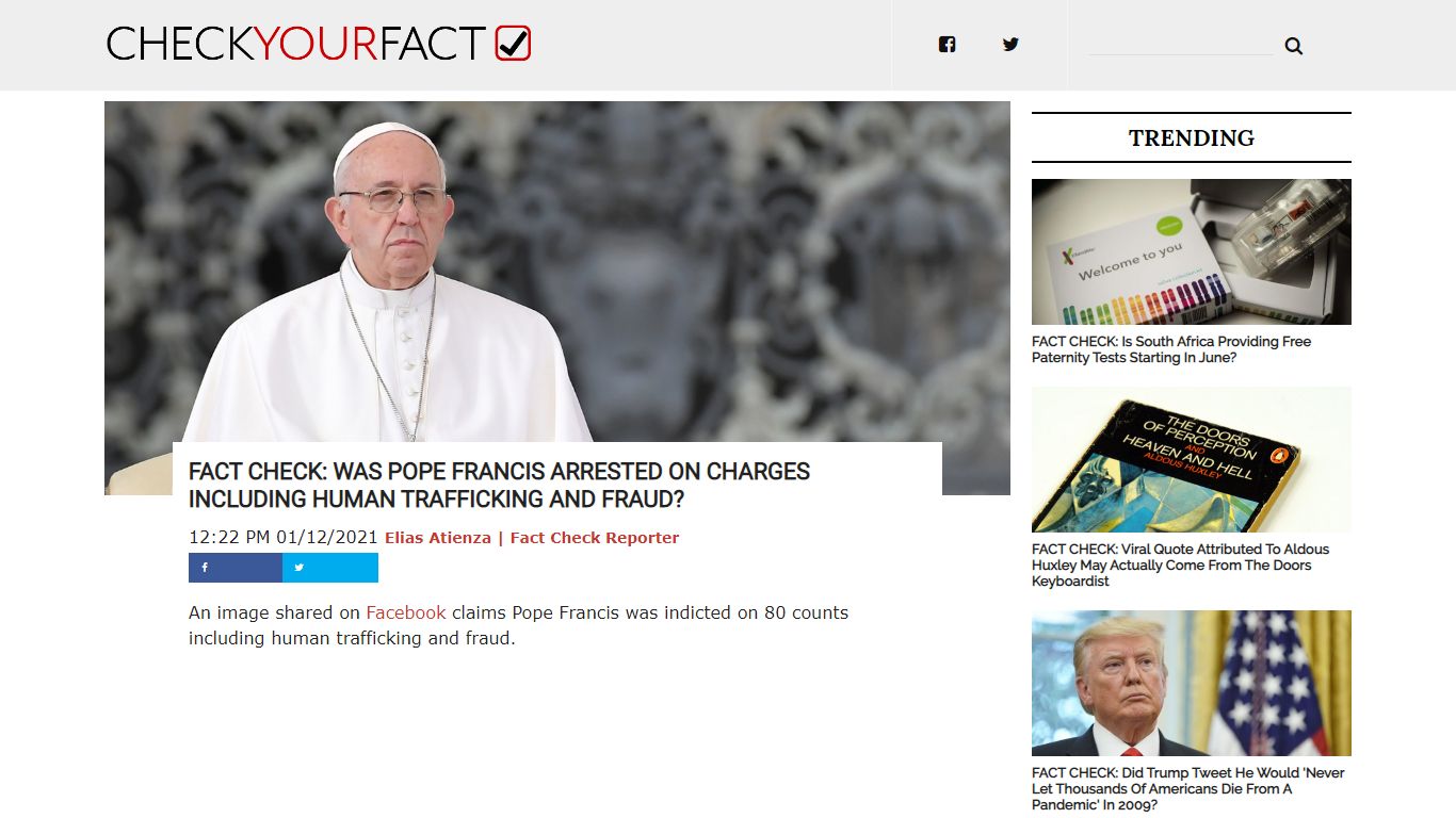 FACT CHECK: Was Pope Francis Arrested On Charges Including Human ...